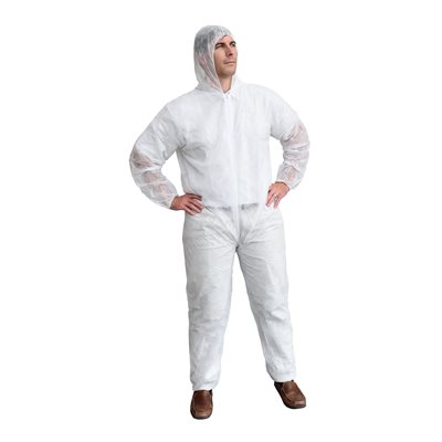 Economy Polypro White Coveralls 25ct Zipper Front, Hood & Elastic Wrist & Ankles Large (50)Min.(1)