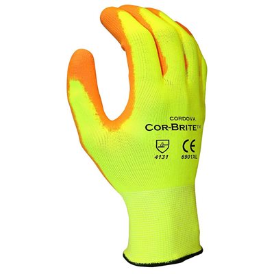 COR-BRITE Coated HiVis Yellow Glove Polyurethane Palm Orange Large (12) Min.(1)