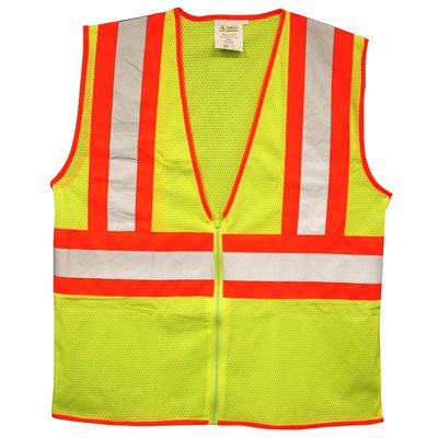 Safety Vest Class II Lime Mesh 1 Pocket 4.5"Two-Tone Reflective Zipper Close Large (24) Min.(1)
