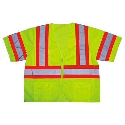 Safety Vest Class III CORBRITE Lime Mesh 6 Pocket 4.5" Two-Tone Zipper Close Large (24) Min.(1)