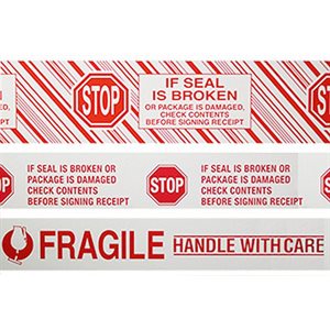 Printed "Fragile" White Box Tape 2"x 110yd 2.0mil RH Acrylic (36) Min.(36)